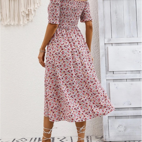 Boho Ditsy Floral Off Shoulder Wrap Hem Dress - Picture 3 of 6